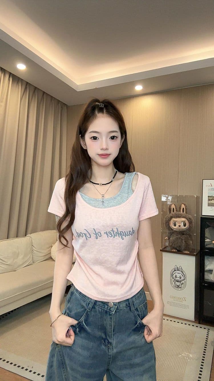 달콤한 매운맛 바람 페이크 레이어드 라운드 넥 알파벳 반팔 티셔츠 몸매 가꾸기 슬림해 보이는 다용도 여성 상세 이미지 17