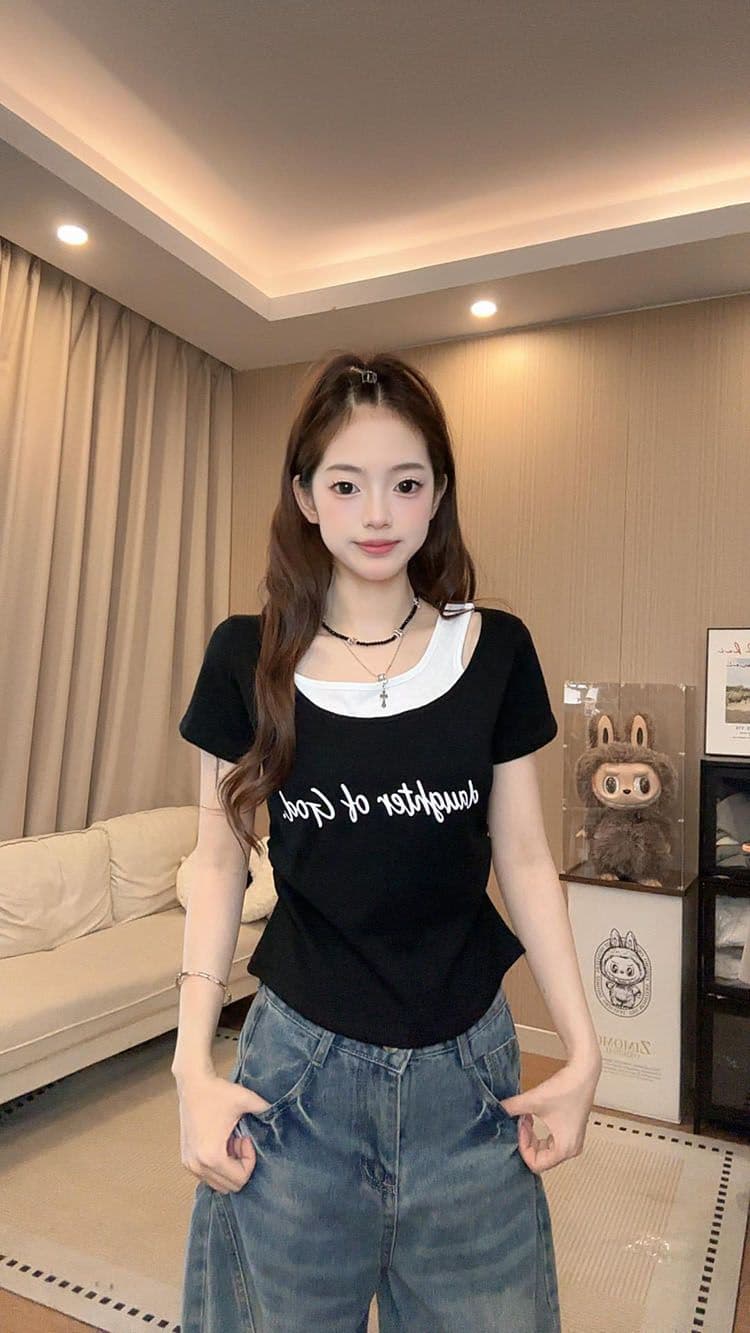 달콤한 매운맛 바람 페이크 레이어드 라운드 넥 알파벳 반팔 티셔츠 몸매 가꾸기 슬림해 보이는 다용도 여성 상세 이미지 20