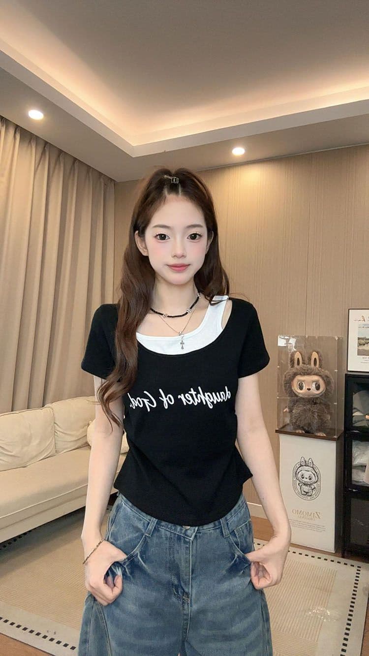 달콤한 매운맛 바람 페이크 레이어드 라운드 넥 알파벳 반팔 티셔츠 몸매 가꾸기 슬림해 보이는 다용도 여성 상세 이미지 21