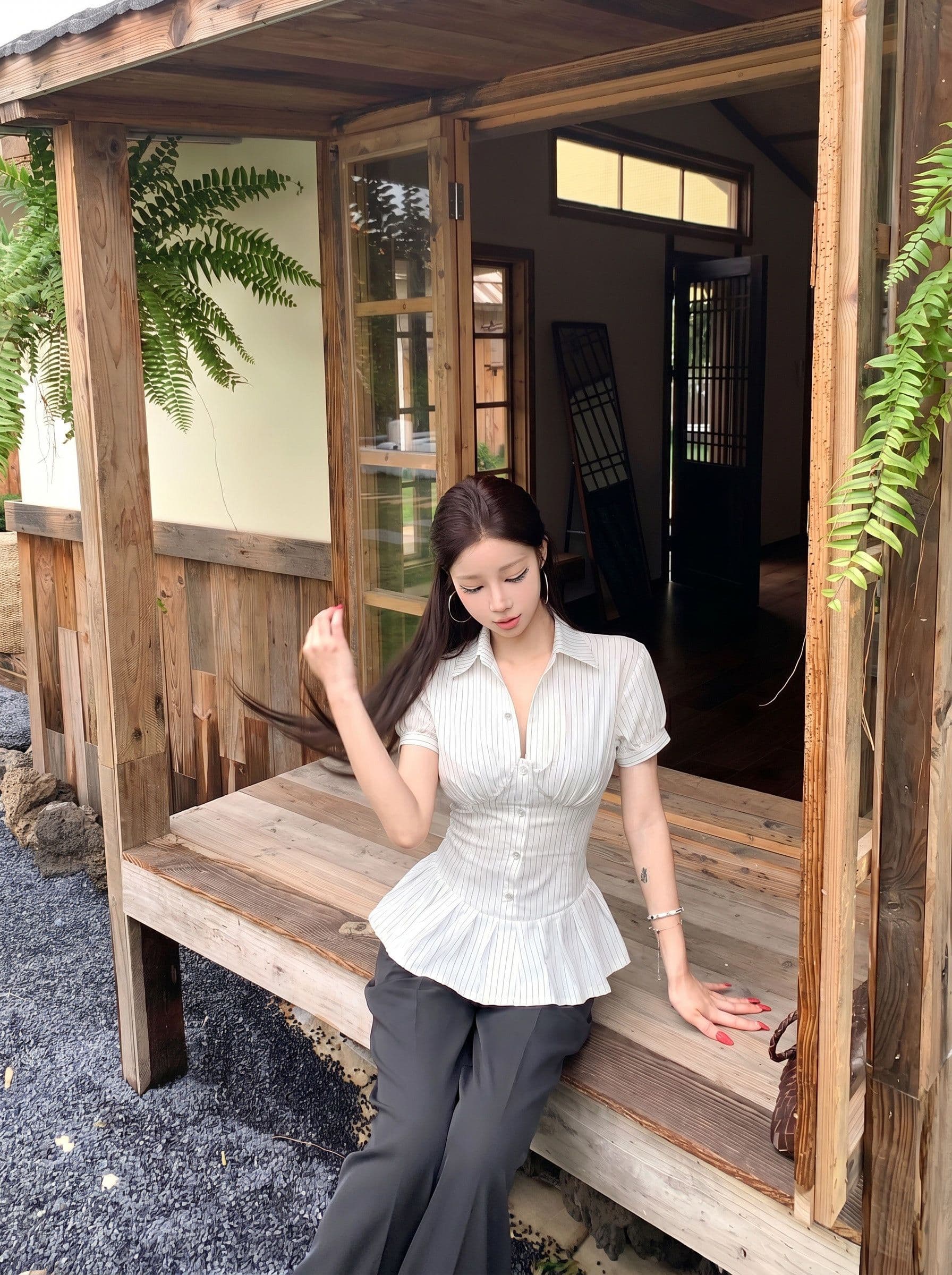원본 품질 폴로 칼라 셔츠 여성 의류 여름 타이트 레트로 품격 셔츠 다용도 슬림해 보이는 반팔 맨위 상세 이미지 4