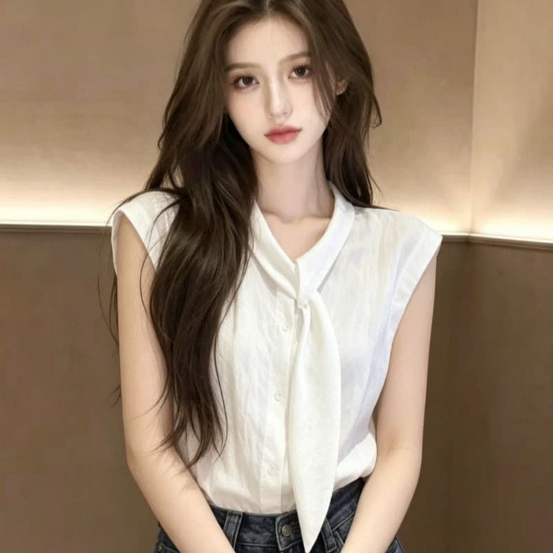폴리 에스터 브로케이드 주름 원본 천 이후 패키지 한 부서 부드러운 품격 여성 셔츠 여름 화이트 작은 날다 소매 다용도 맨위 이미지 5