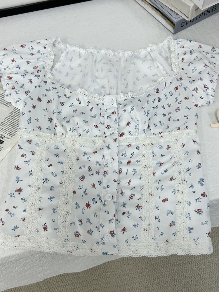 셔틀 제직 모방 면 한 부서 품격 고급 센스 달콤함 귀여운 바람 순수한 욕망 꽃무늬 허리 수축 몸매 가꾸기 반팔 맨위 여성 상세 이미지 8