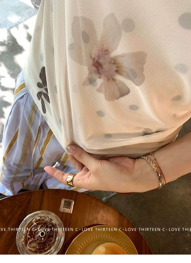 경관 그림 원본 품질 꽃무늬 도트 무늬 망사 라운드 넥 긍정적 인 어깨 몸매 가꾸기 티셔츠 반팔 맨위 상세 이미지 11