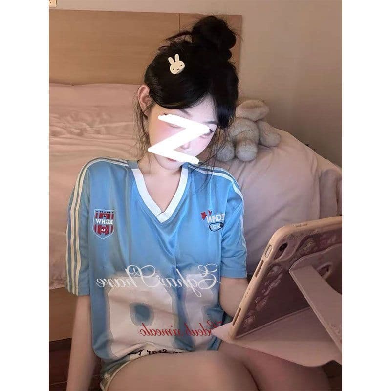 원본 원단 원본 솜씨 리브 네클라인 이후 테두리 프린트 자수 V넥 반팔 여성 정가 상세 이미지 3