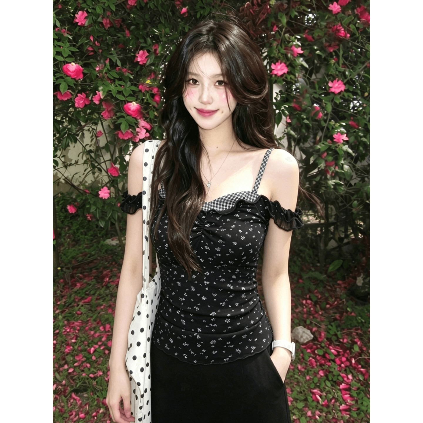 한 부서 여름 페이크 레이어드 여성 캐미솔 슬림해 보이는 고유 한 꽃무늬 오프숄더 핫걸 맨위 몸매 가꾸기 기본 셔츠 이미지 2