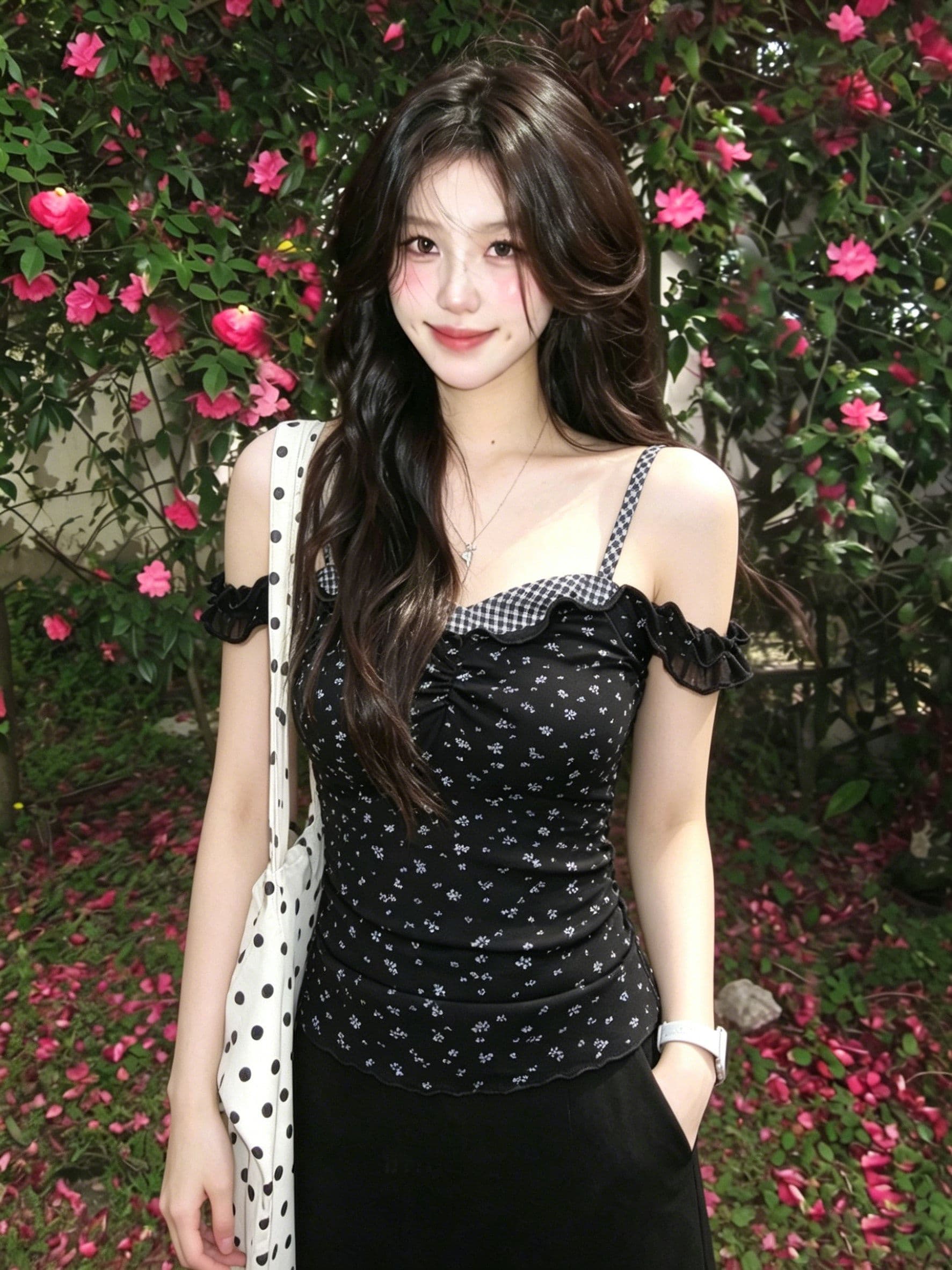 한 부서 여름 페이크 레이어드 여성 캐미솔 슬림해 보이는 고유 한 꽃무늬 오프숄더 핫걸 맨위 몸매 가꾸기 기본 셔츠 상세 이미지 3