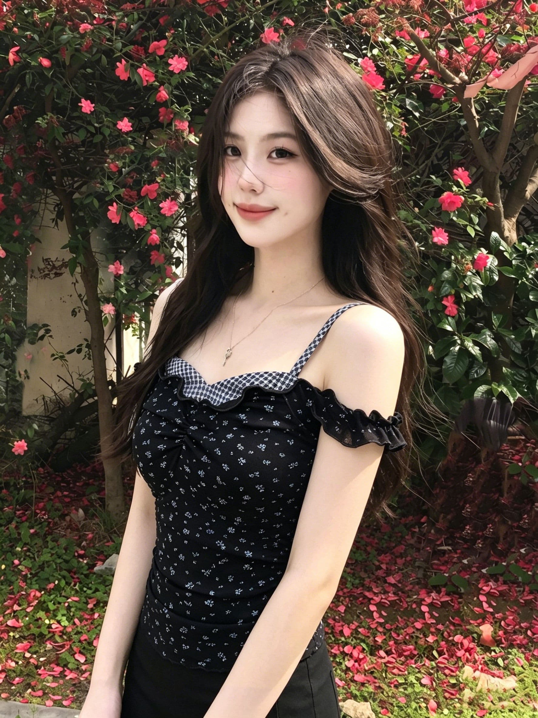 한 부서 여름 페이크 레이어드 여성 캐미솔 슬림해 보이는 고유 한 꽃무늬 오프숄더 핫걸 맨위 몸매 가꾸기 기본 셔츠 상세 이미지 5