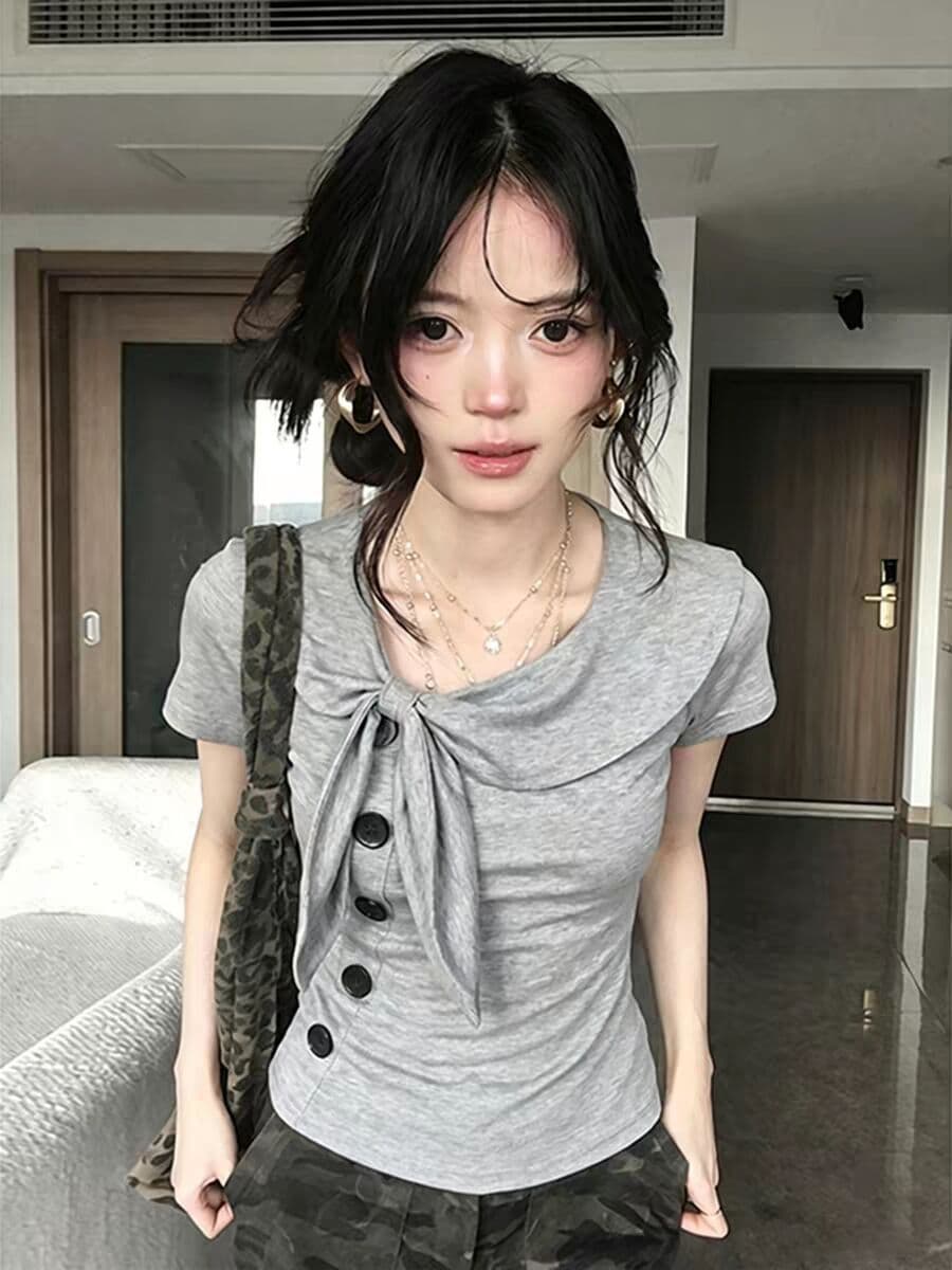 40 1 1 좋은 면 210 그램 회색 프릴 칼라 레이스업 디자인 센스 나비 매듭 반팔 맨위 이미지 3