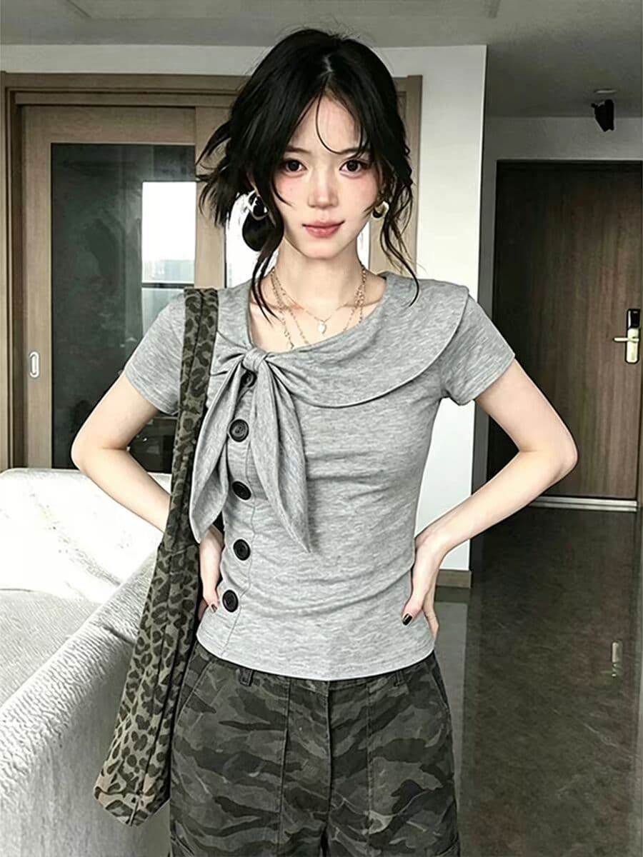 40 1 1 좋은 면 210 그램 회색 프릴 칼라 레이스업 디자인 센스 나비 매듭 반팔 맨위 상세 이미지 6