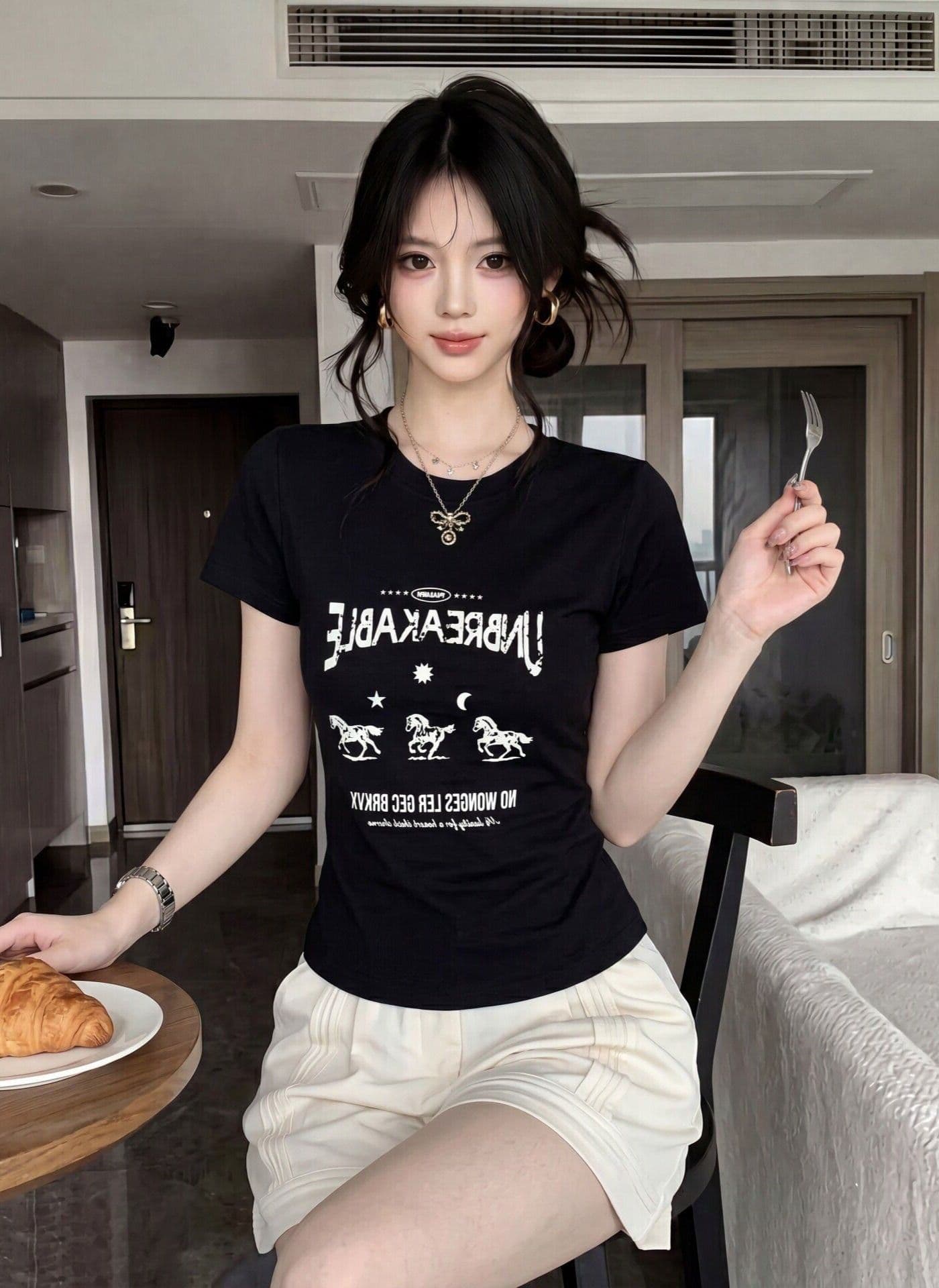 눈꽃 아마 아메리칸 복잡한 캐주얼 바람 고대 프린트 라운드 넥 반팔 티셔츠 여성 여름 몸매 가꾸기 슬림해 보이는 캐주얼 맨위 상세 이미지 5