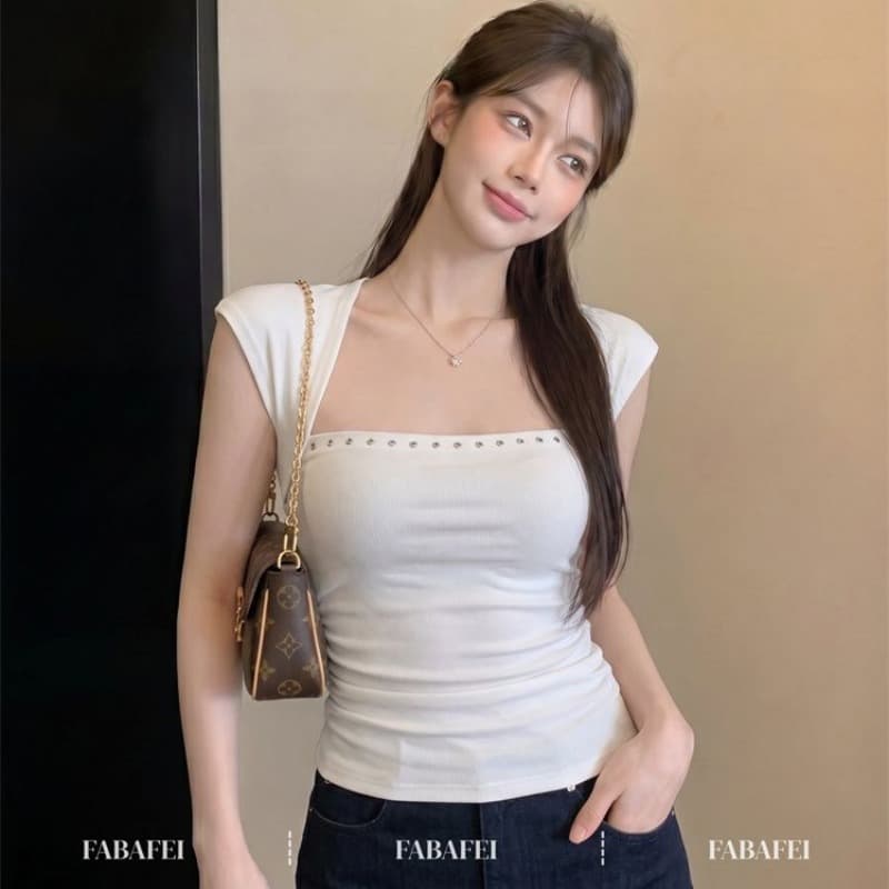 40 순면 핫걸 바람 광장 칼라 비즈 박기 측면 주름 캐미솔 여름 작은 대중 디자인 센스 다용도 맨위 여성 이미지 5
