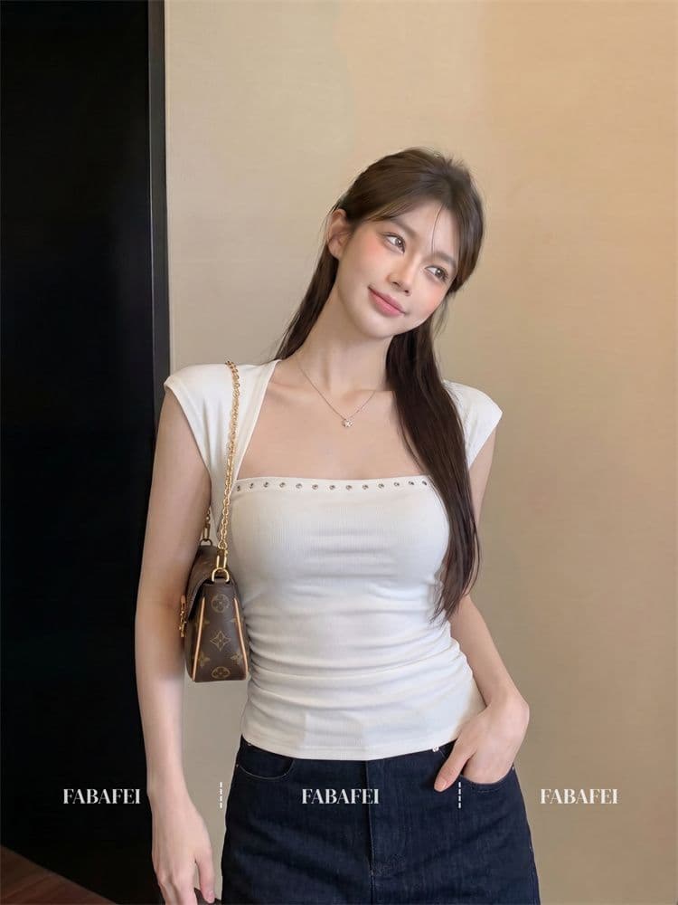 40 순면 핫걸 바람 광장 칼라 비즈 박기 측면 주름 캐미솔 여름 작은 대중 디자인 센스 다용도 맨위 여성 상세 이미지 2