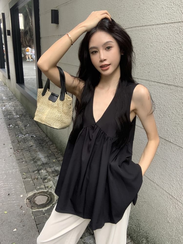 원본 원단 고급 센스 V넥 조끼 여성 여름 한 부서 루즈핏 슬림해 보이는 표지 배 인형 셔츠 맨위 상세 이미지 2