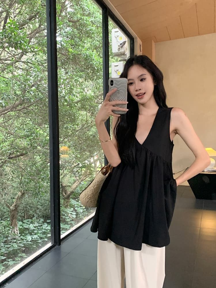 원본 원단 고급 센스 V넥 조끼 여성 여름 한 부서 루즈핏 슬림해 보이는 표지 배 인형 셔츠 맨위 상세 이미지 3