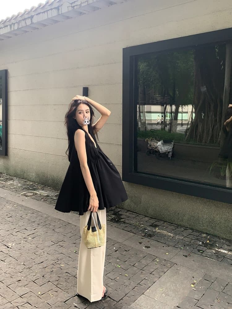 원본 원단 고급 센스 V넥 조끼 여성 여름 한 부서 루즈핏 슬림해 보이는 표지 배 인형 셔츠 맨위 상세 이미지 4