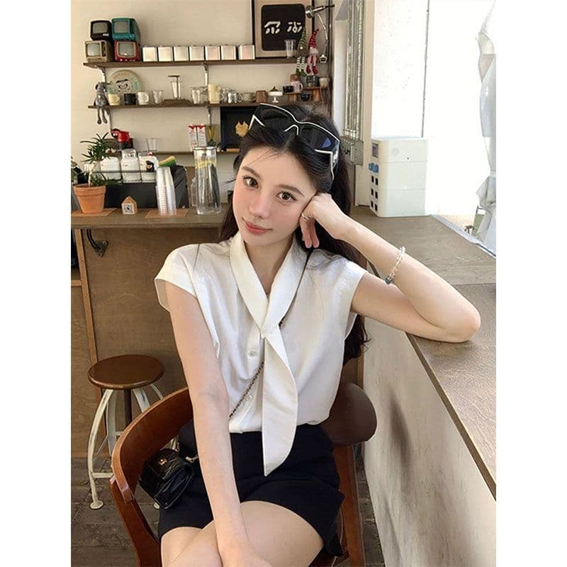 프랑스식 순수한 욕망 달콤함 작은 키 품격 화이트 여름 새로운 허리 수축 슬림해 보이는 고급 센스 셔츠