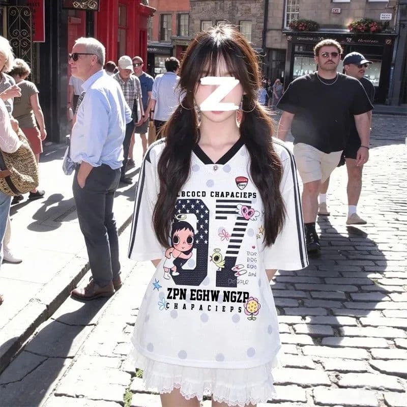 원본 원단 원본 솜씨 리브 네클라인 이후 테두리 프린트 저지 V넥 반팔 여성 정가 이미지 2