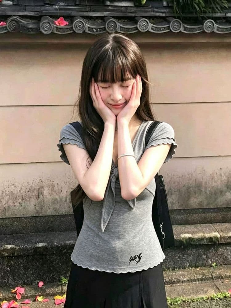 사람들 면 모달 1 1 와 사고 방식 260 그램 회색 V넥 여름 출퇴근 비틀림 반팔 여성 핫걸 맨위 이미지 4