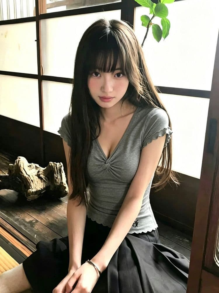 사람들 면 모달 1 1 와 사고 방식 260 그램 회색 V넥 여름 출퇴근 비틀림 반팔 여성 핫걸 맨위 상세 이미지 1