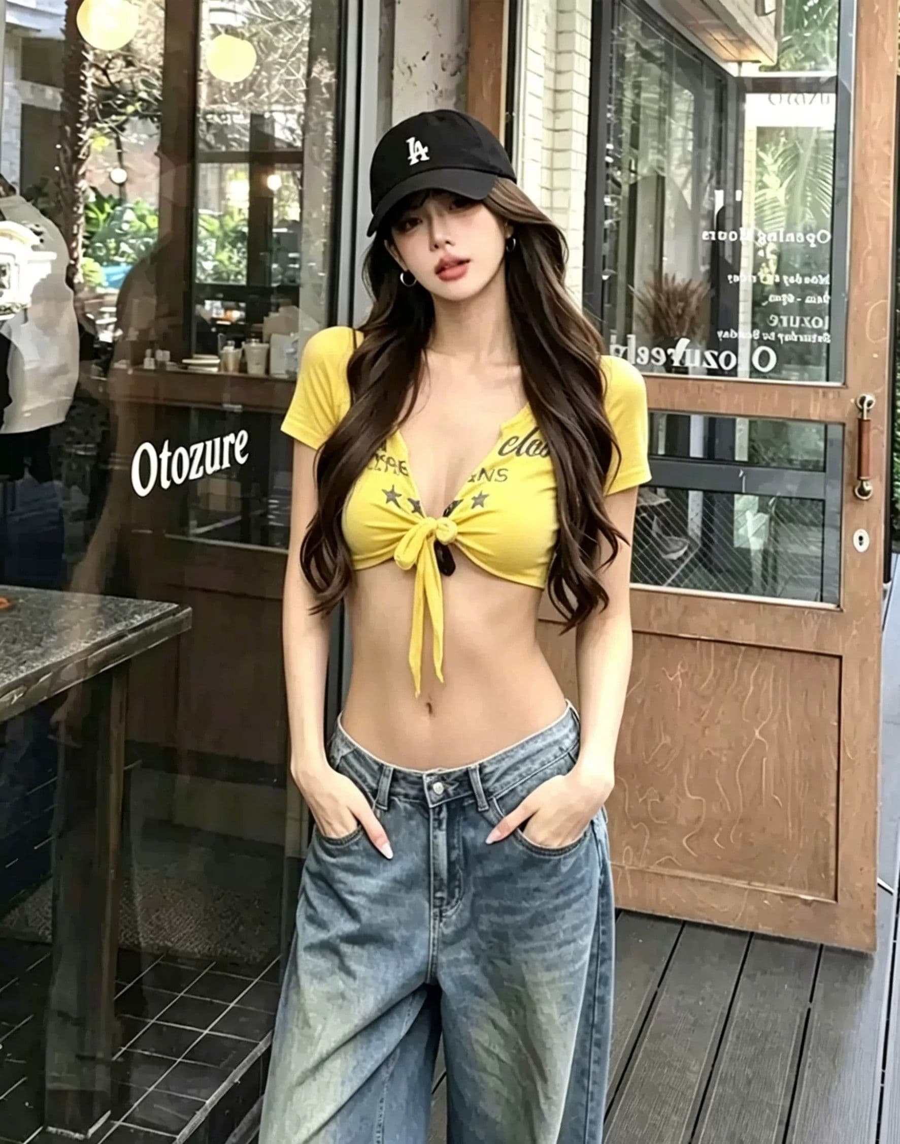 패션 알파벳 프린트 스트랩 홀로우 아웃 디자인 슈퍼 쇼트 스타일 티셔츠 여성 상세 이미지 1