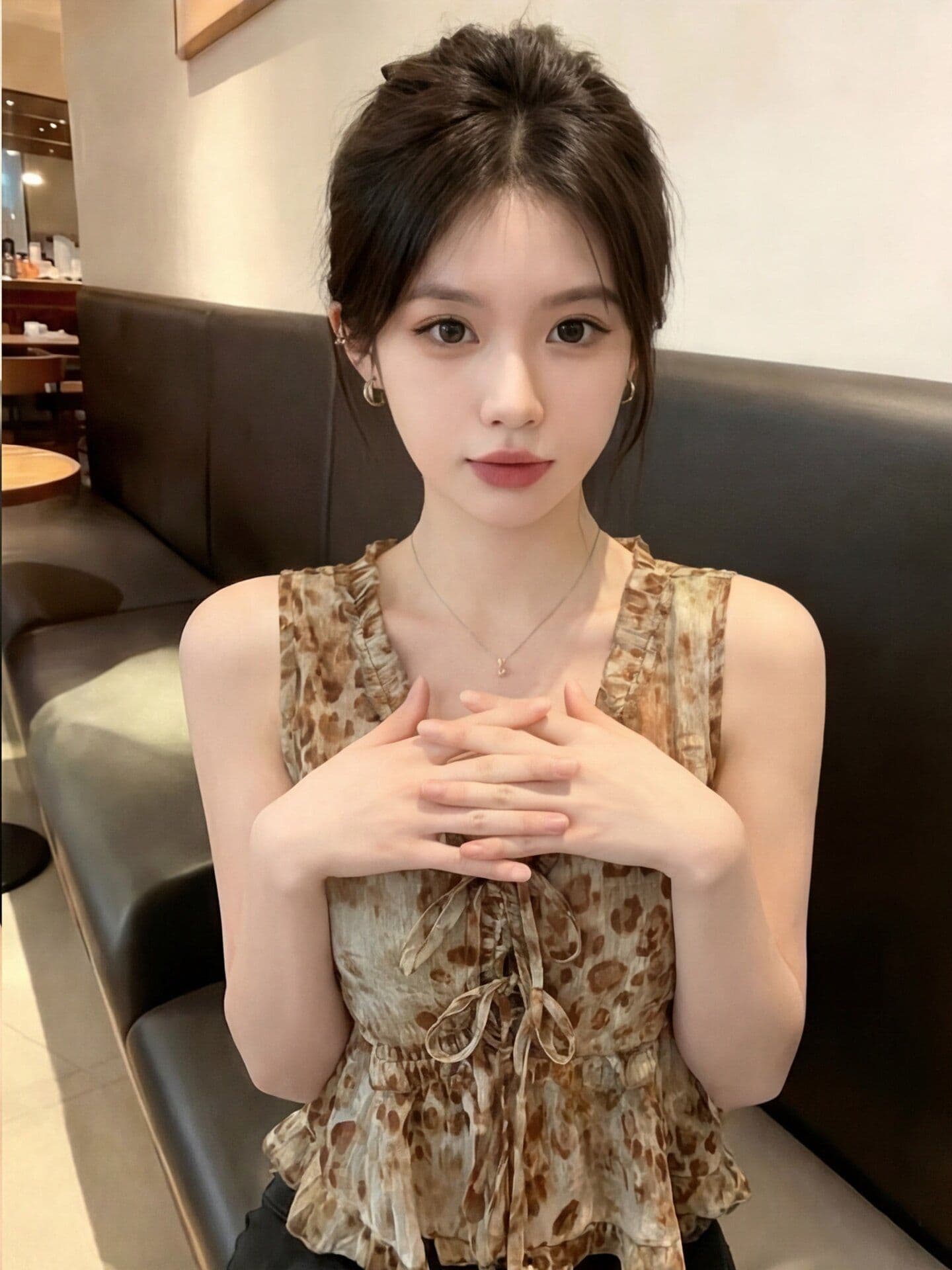 핫걸 V넥 민소매 레오파드 무늬 조끼 여성 여름 통기성 얇은 스타일 루즈핏 슬림해 보이는 프릴 민소매 맨위 상세 이미지 4