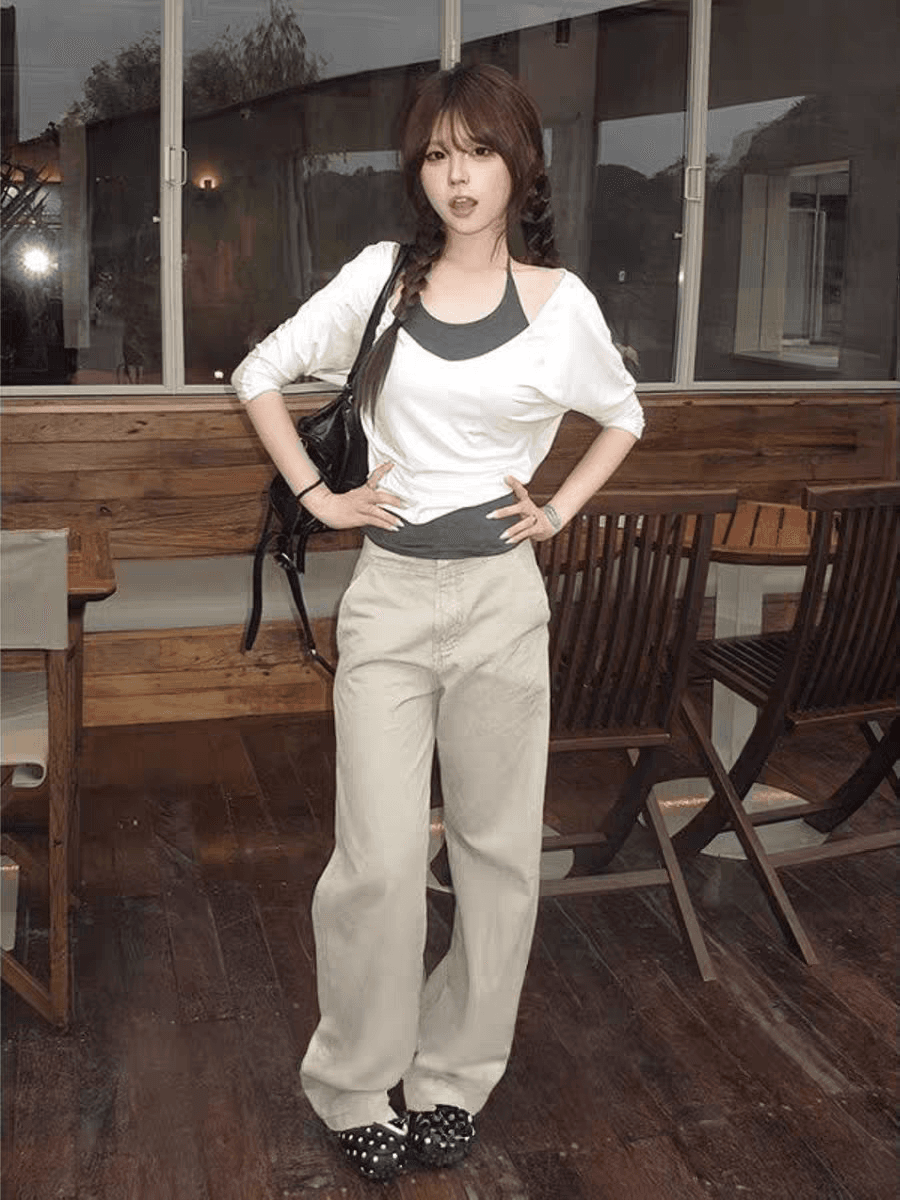 1 1 인 면 와 사고 방식 투피스 세트 느슨함 센스 사실 두 조각 V넥 블라우스 슬립 스택 착용 맨위 상세 이미지 5