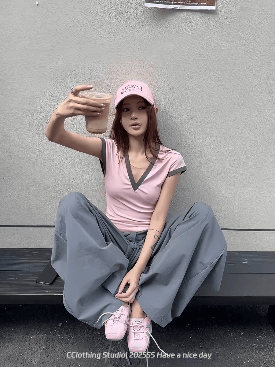 40 1 1 좋은 면 210 그램 한 부서 배색 V넥 티셔츠 여성 디자인 센스 작은 대중 몸매 가꾸기 맨위