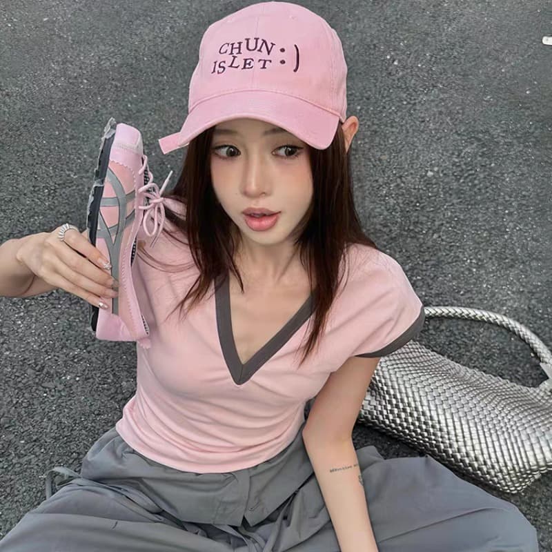40 1 1 좋은 면 210 그램 한 부서 배색 V넥 티셔츠 여성 디자인 센스 작은 대중 몸매 가꾸기 맨위 이미지 5