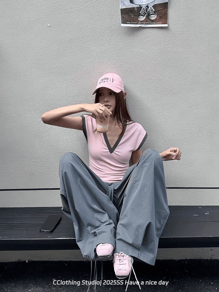 40 1 1 좋은 면 210 그램 한 부서 배색 V넥 티셔츠 여성 디자인 센스 작은 대중 몸매 가꾸기 맨위 상세 이미지 2