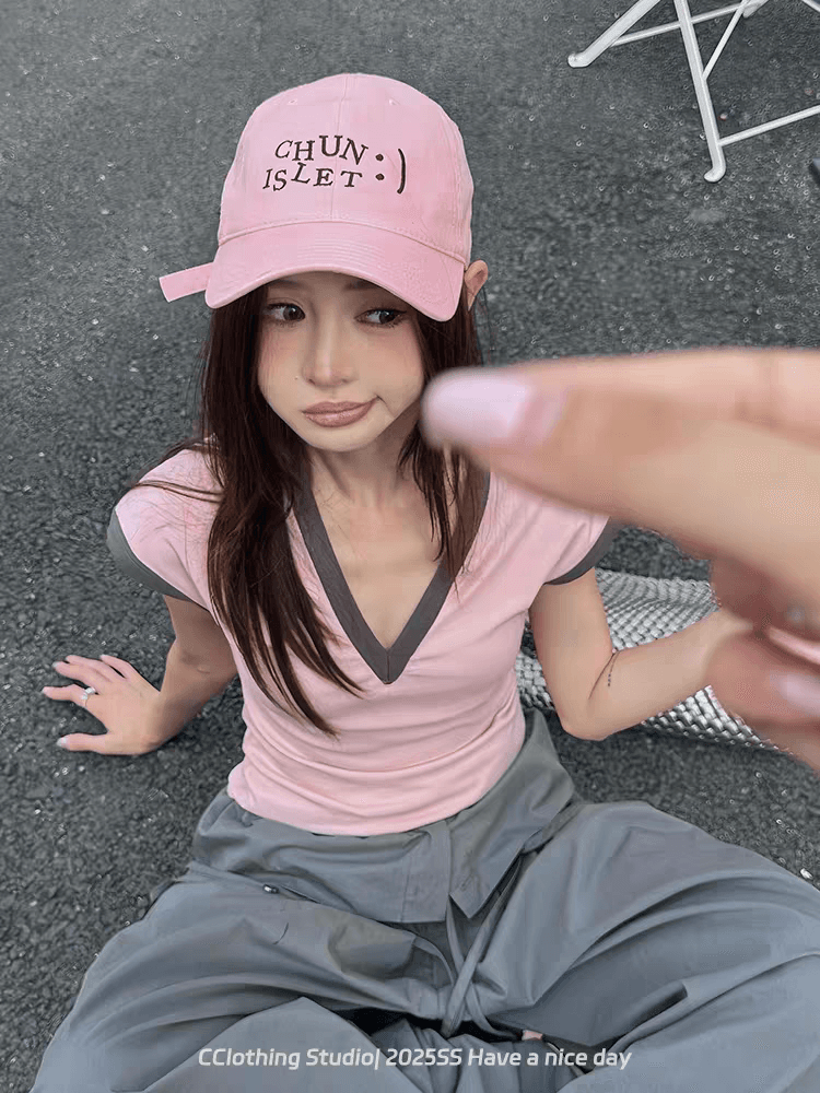 40 1 1 좋은 면 210 그램 한 부서 배색 V넥 티셔츠 여성 디자인 센스 작은 대중 몸매 가꾸기 맨위 상세 이미지 3