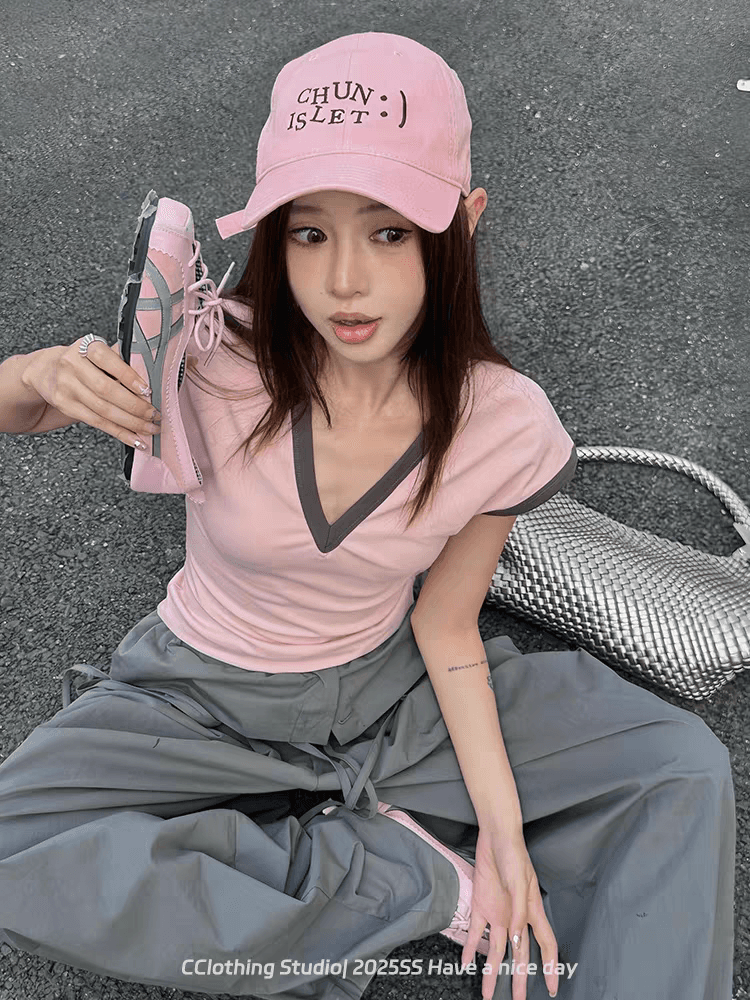 40 1 1 좋은 면 210 그램 한 부서 배색 V넥 티셔츠 여성 디자인 센스 작은 대중 몸매 가꾸기 맨위 상세 이미지 4