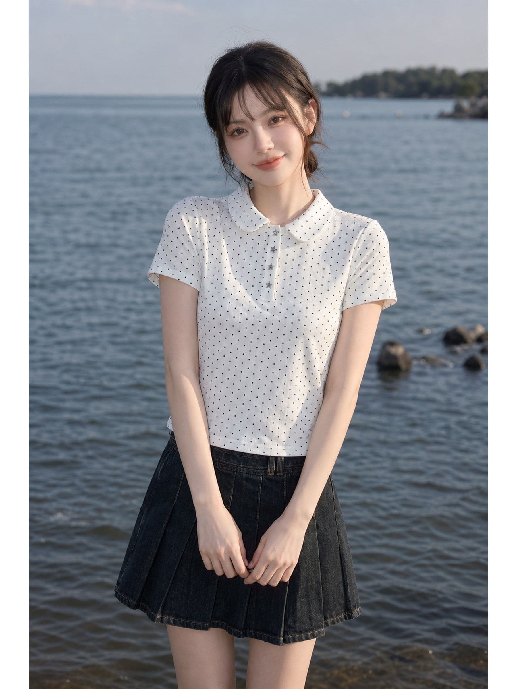 부드러운 나무 과립 자카드 화이트 도트 무늬 폴로 칼라 반팔 티셔츠 여성 여름 단추 디자인 센스 몸매 가꾸기 작은 대중 맨위 상세 이미지 6