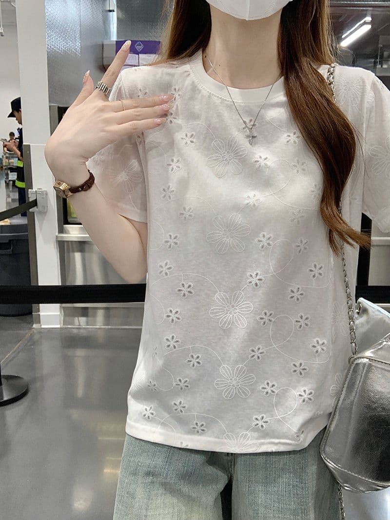 얼음 차가운 눈꽃 면 65 면 반팔 티셔츠 여성 여름 새로운 긍정적 인 어깨 한 부서 디자인 센스 라운드 넥 맨위 이미지 4