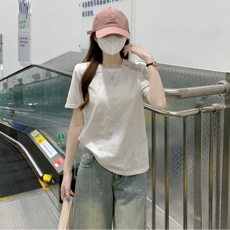 얼음 차가운 눈꽃 면 65 면 반팔 티셔츠 여성 여름 새로운 긍정적 인 어깨 한 부서 디자인 센스 라운드 넥 맨위 이미지 5