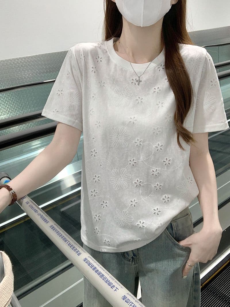 얼음 차가운 눈꽃 면 65 면 반팔 티셔츠 여성 여름 새로운 긍정적 인 어깨 한 부서 디자인 센스 라운드 넥 맨위 상세 이미지 7