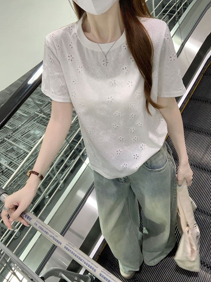 얼음 차가운 눈꽃 면 65 면 반팔 티셔츠 여성 여름 새로운 긍정적 인 어깨 한 부서 디자인 센스 라운드 넥 맨위 상세 이미지 8