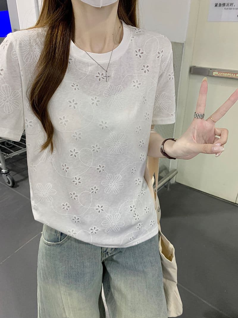 얼음 차가운 눈꽃 면 65 면 반팔 티셔츠 여성 여름 새로운 긍정적 인 어깨 한 부서 디자인 센스 라운드 넥 맨위 상세 이미지 11