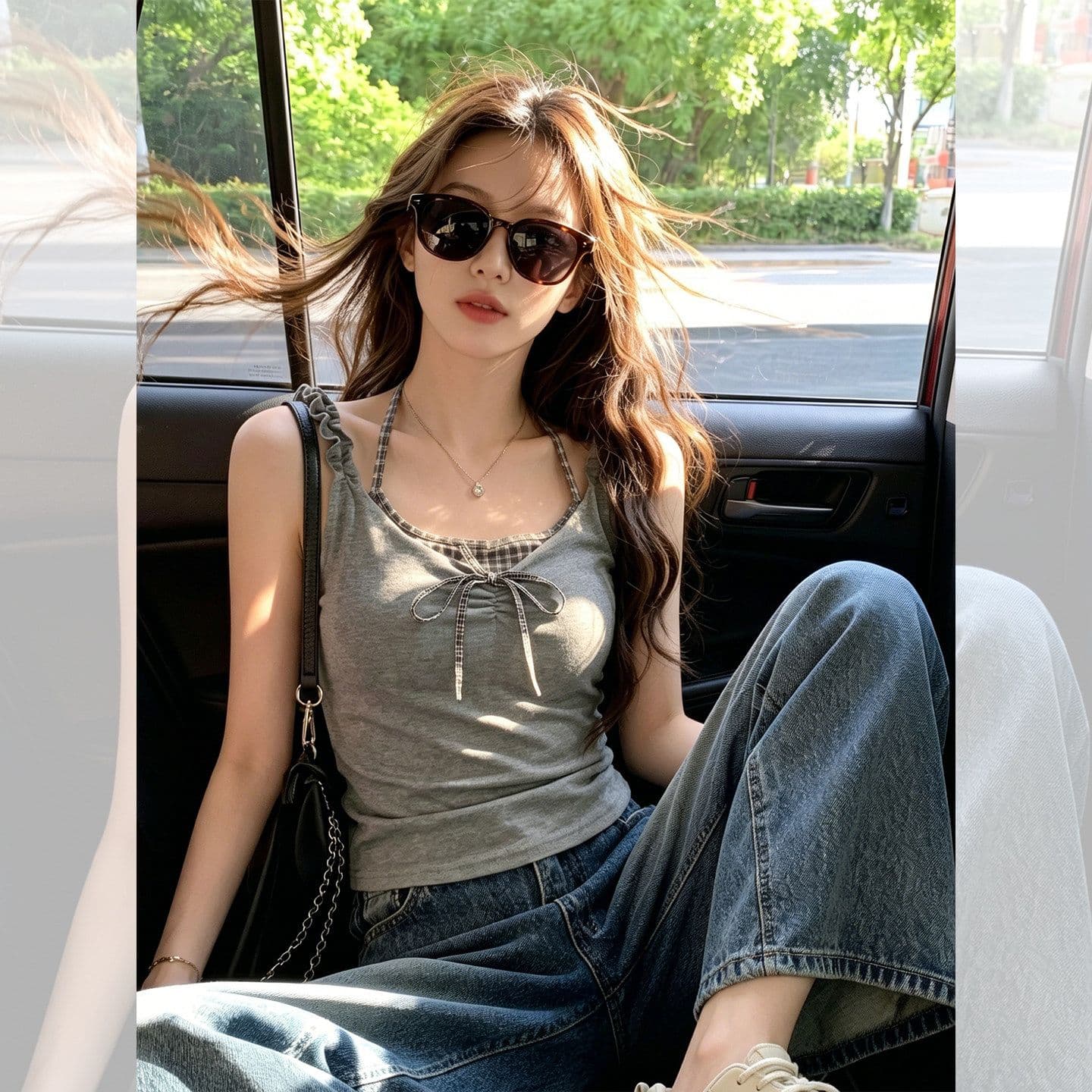 40 차가운 실크 코튼 원본 것 페이크 레이어드 체크무늬 캐미솔 인사이드 가져 가라. 새로운 고유 한 아름다운 맨위 상세 이미지 3