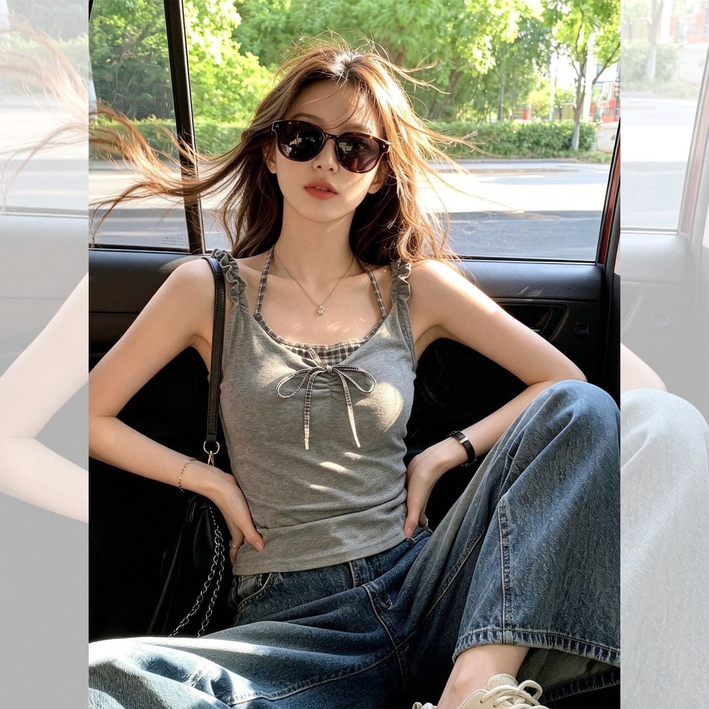40 차가운 실크 코튼 원본 것 페이크 레이어드 체크무늬 캐미솔 인사이드 가져 가라. 새로운 고유 한 아름다운 맨위 상세 이미지 5