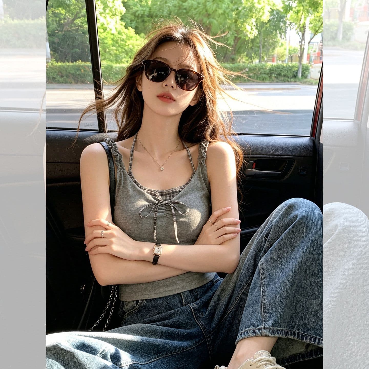 40 차가운 실크 코튼 원본 것 페이크 레이어드 체크무늬 캐미솔 인사이드 가져 가라. 새로운 고유 한 아름다운 맨위 상세 이미지 6