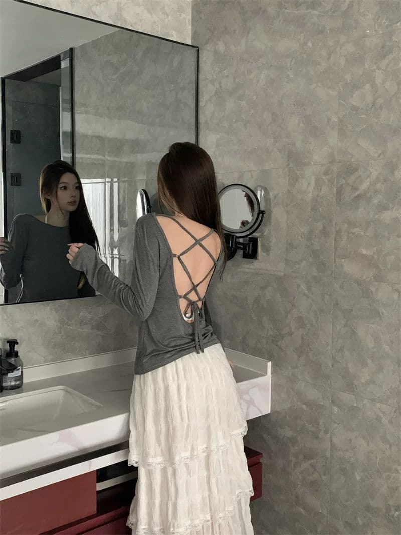 원본 원단 것 순수한 욕망 핫걸 바람 섹시함 백리스 긴팔 티셔츠 여성 작은 대중 몸매 가꾸기 스트랩 꼬집기 허리 블라우스 상세 이미지 1
