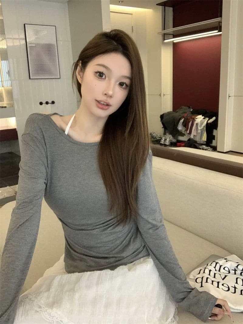 원본 원단 것 순수한 욕망 핫걸 바람 섹시함 백리스 긴팔 티셔츠 여성 작은 대중 몸매 가꾸기 스트랩 꼬집기 허리 블라우스 상세 이미지 3