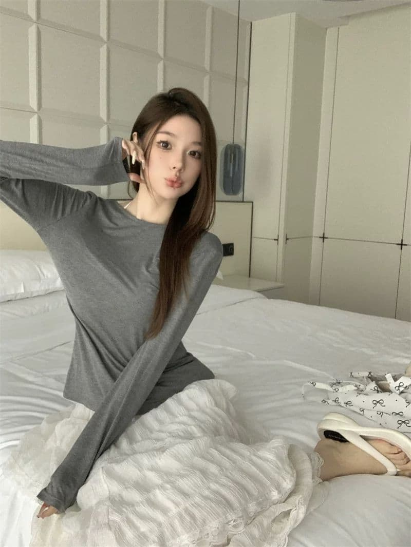 원본 원단 것 순수한 욕망 핫걸 바람 섹시함 백리스 긴팔 티셔츠 여성 작은 대중 몸매 가꾸기 스트랩 꼬집기 허리 블라우스 상세 이미지 8
