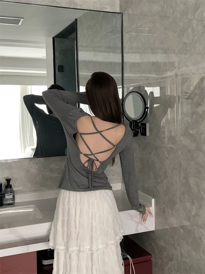 원본 원단 것 순수한 욕망 핫걸 바람 섹시함 백리스 긴팔 티셔츠 여성 작은 대중 몸매 가꾸기 스트랩 꼬집기 허리 블라우스 상세 이미지 9