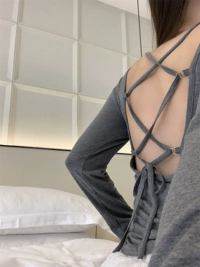 원본 원단 것 순수한 욕망 핫걸 바람 섹시함 백리스 긴팔 티셔츠 여성 작은 대중 몸매 가꾸기 스트랩 꼬집기 허리 블라우스 상세 이미지 10