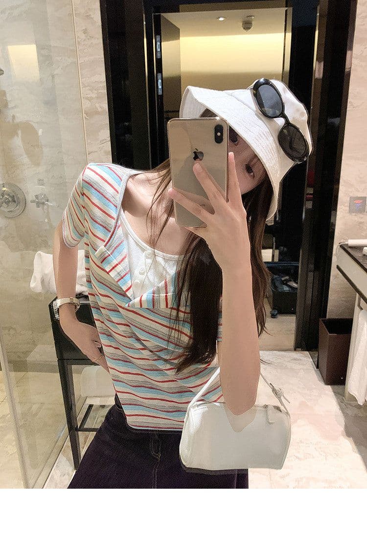 원본 스트라이프 65 면 35 폴리 에스터 한 부서 레트로 빨간색 블루 기사 페이크 레이어드 긍정적 인 어깨 반팔 티셔츠 여성 루즈핏 맨위 상세 이미지 7