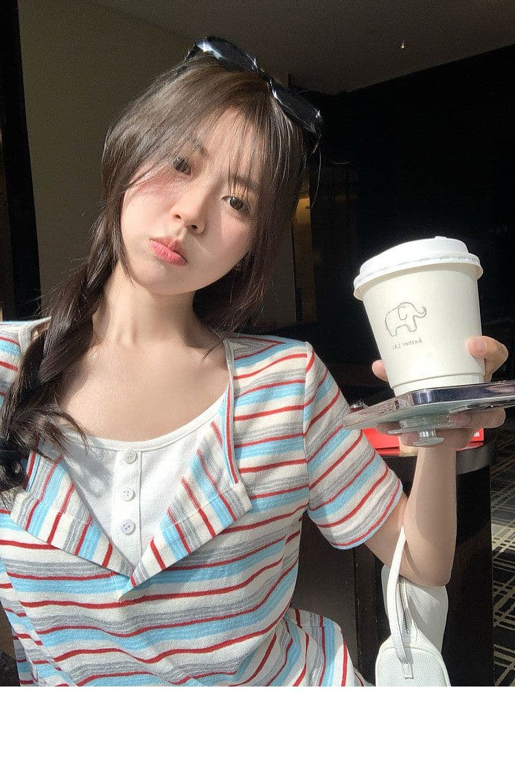 원본 스트라이프 65 면 35 폴리 에스터 한 부서 레트로 빨간색 블루 기사 페이크 레이어드 긍정적 인 어깨 반팔 티셔츠 여성 루즈핏 맨위 상세 이미지 8