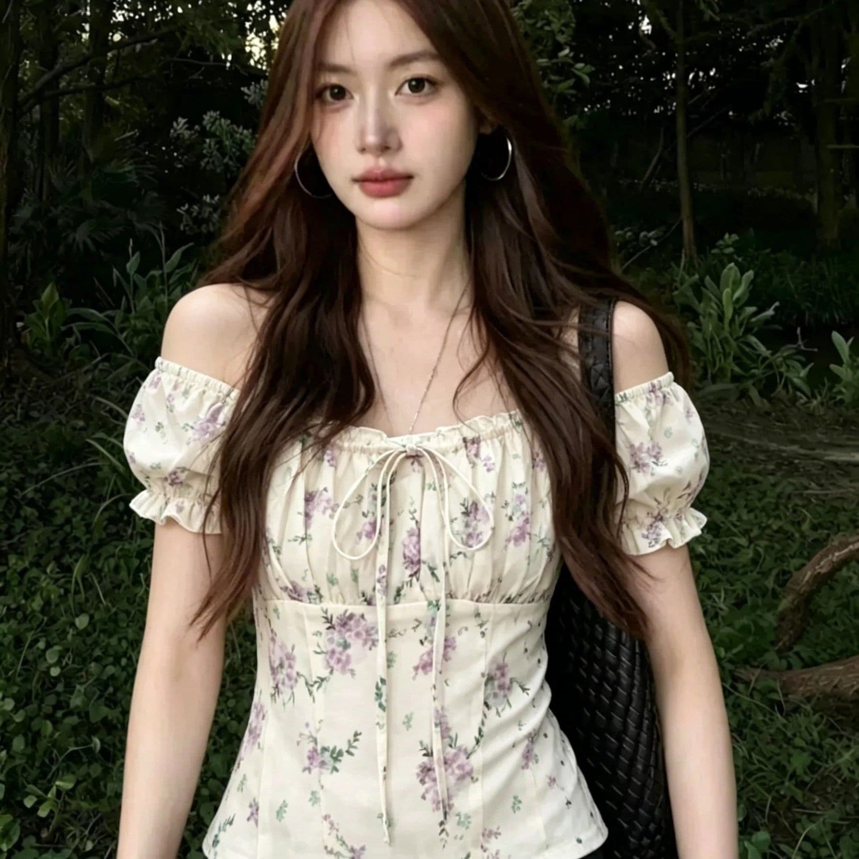 프랑스식 달콤함 꽃무늬 거품 소매 광장 칼라 반팔 여성 셔츠 여름 몸매 가꾸기 슬림해 보이는 허리 수축 작은 셔츠 레이스업 맨위