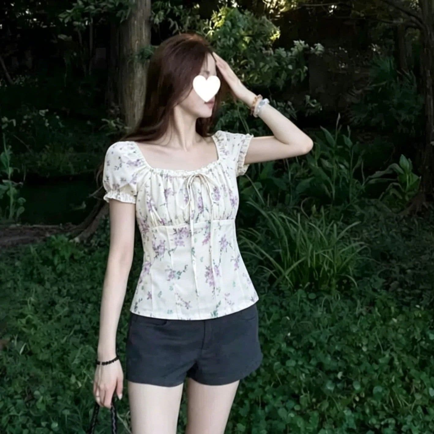 프랑스식 달콤함 꽃무늬 거품 소매 광장 칼라 반팔 여성 셔츠 여름 몸매 가꾸기 슬림해 보이는 허리 수축 작은 셔츠 레이스업 맨위 이미지 2