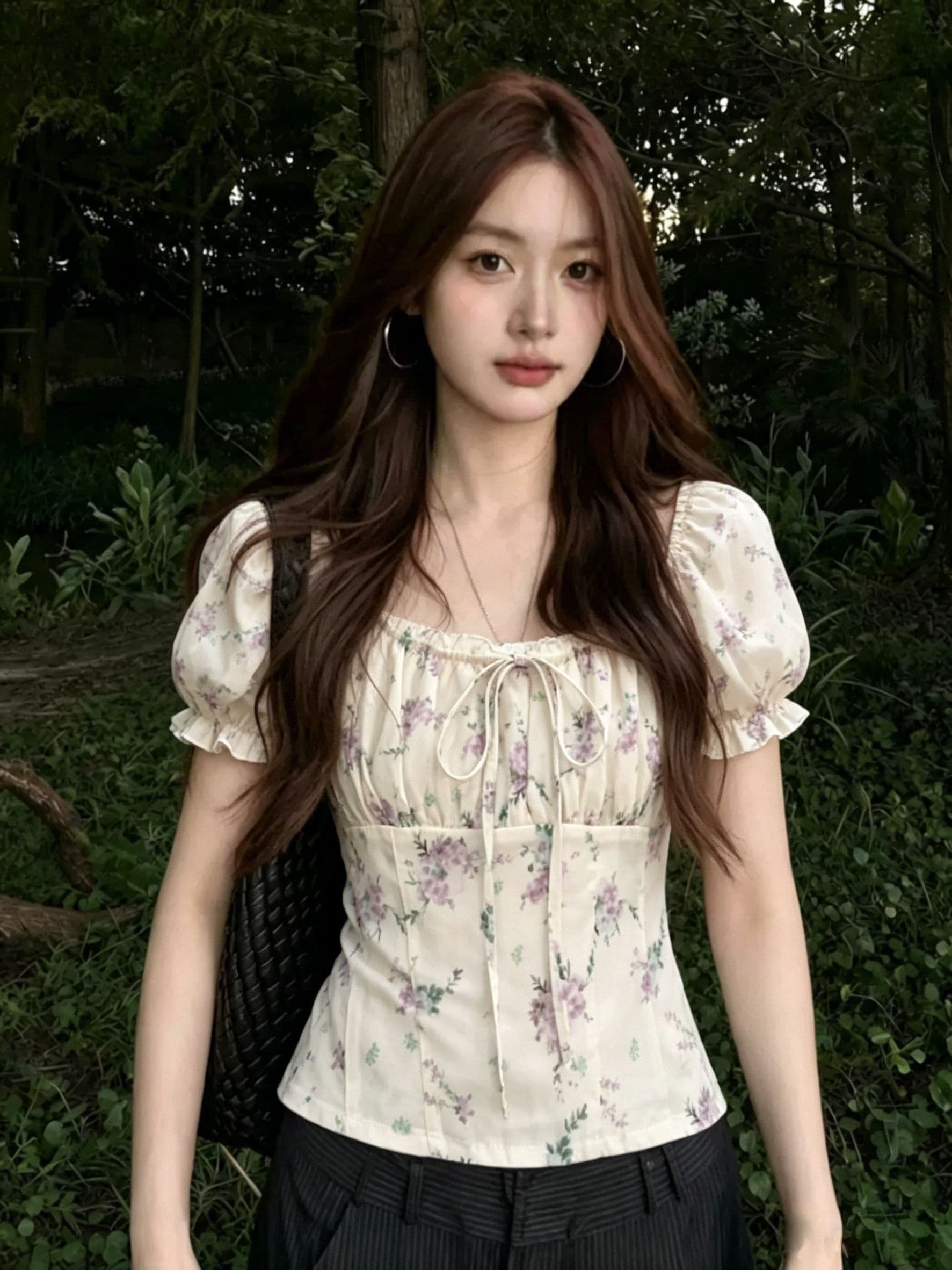 프랑스식 달콤함 꽃무늬 거품 소매 광장 칼라 반팔 여성 셔츠 여름 몸매 가꾸기 슬림해 보이는 허리 수축 작은 셔츠 레이스업 맨위 상세 이미지 2